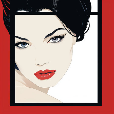 an illustration of a woman with black hair and red lipsの素材