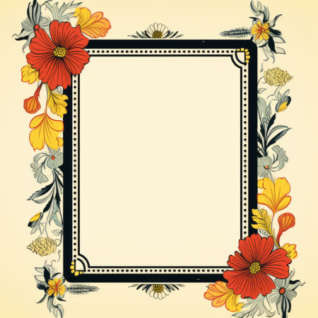 an ornate frame with flowers and leaves on a yellow backgroundの素材