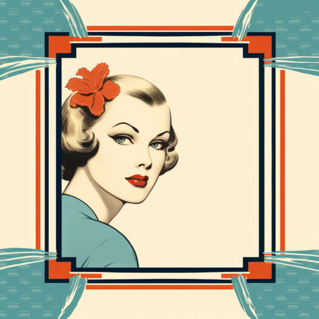 retro girl with red flower in a frame on a blue and orange backgroundの素材