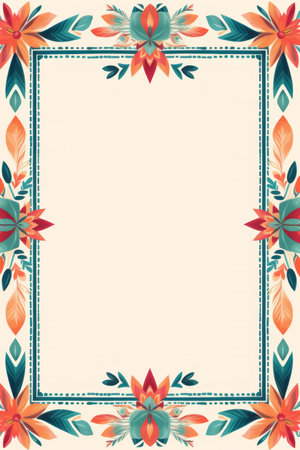 colorful frame with flowers and leaves on a beige backgroundの素材