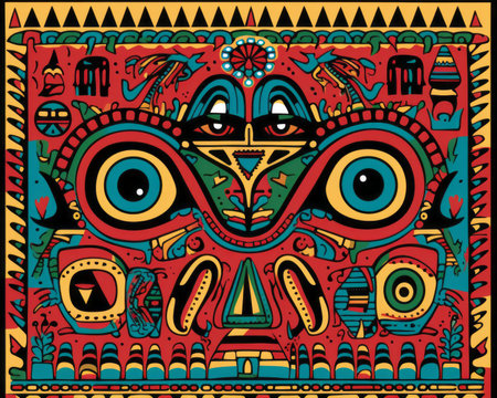 a colorful tribal design on a red backgroundの素材