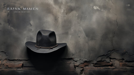 a cowboy hat sits on top of a brick wallの素材