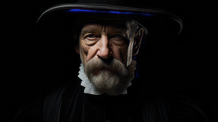 a man with a hat and beard in a dark roomの素材