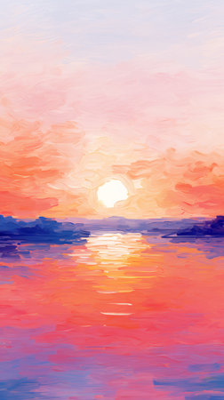a painting of a sunset over the waterの素材