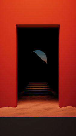 a poster with a red door and stairs leading to a dark roomの素材