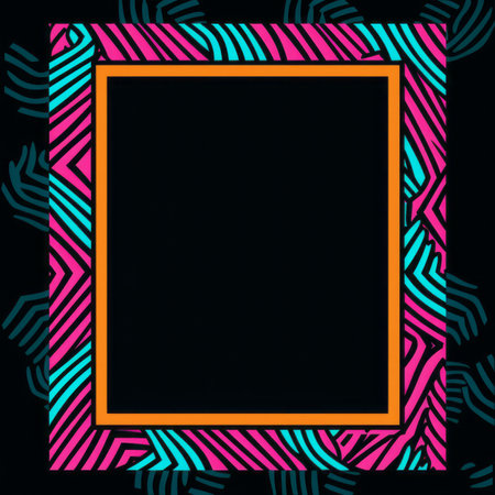 a square frame with neon pink and blue stripes on a black backgroundの素材