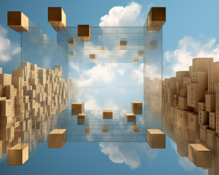 an abstract image of a city with boxes and clouds in the skyの素材