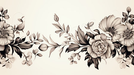 black and white flowers on a beige backgroundの素材