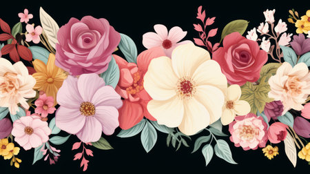 floral border with pink yellow and red flowers on a black backgroundの素材