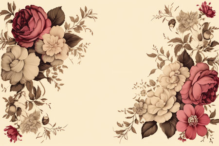 vintage floral background with roses and leaves on a beige backgroundの素材