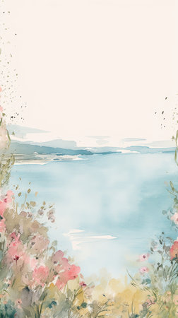 watercolor painting of flowers by the seaの素材