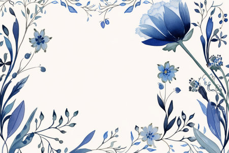 watercolor floral frame with blue flowers and leaves on a white backgroundの素材