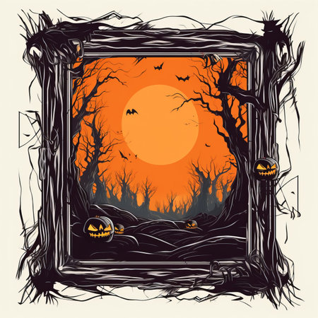 a halloween scene with pumpkins and trees in a frameの素材
