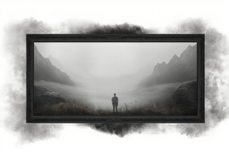 a man standing in front of a picture frame with fog in the backgroundの素材