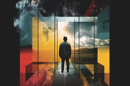 a man standing in front of an open door with clouds in the backgroundの素材