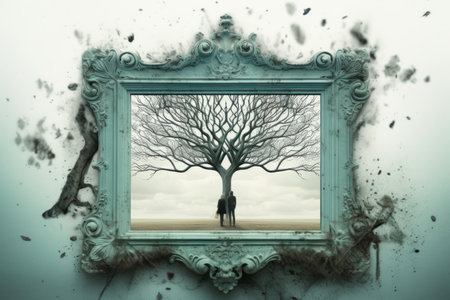 a painting of two people standing under a treeの素材