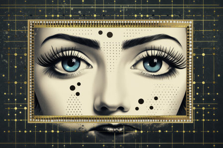 a picture of a womans face with blue eyes on a gold backgroundの素材