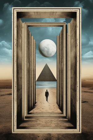 a man walking through an open doorway with a pyramid in the backgroundの素材