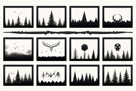 a set of black and white photographs with trees and other objectsの素材