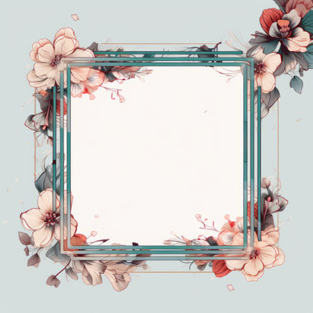 a square frame with flowers and leaves on a light blue backgroundの素材