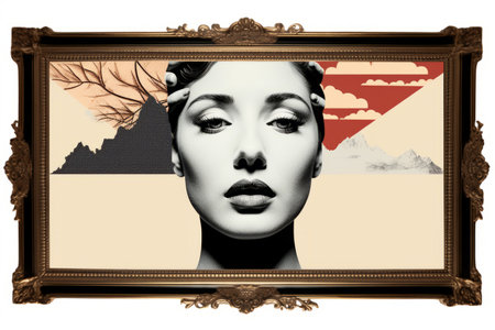 a womans face is in a frame with an image of mountains and treesの素材