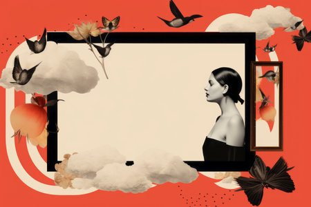 a woman in a black dress is surrounded by clouds and butterfliesの素材