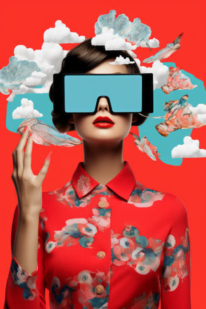 a woman wearing virtual reality glasses on her faceの素材