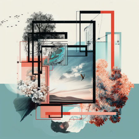 an abstract collage with a bird flying in the skyの素材