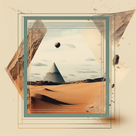 an abstract image of a pyramid in the desert with a balloon in the skyの素材