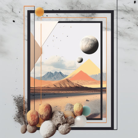 an abstract painting with mountains rocks and planetsの素材