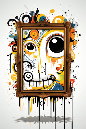 an abstract painting of a face in a frame with paint splattersの素材