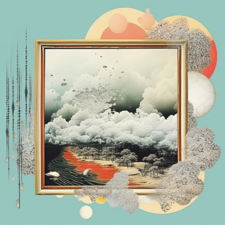 an abstract painting with clouds and birds in the skyの素材