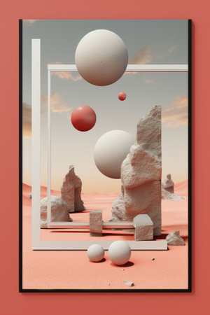 an abstract painting of rocks and balls in the desertの素材