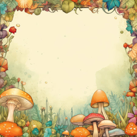 an illustration of a colorful frame with mushrooms and leavesの素材