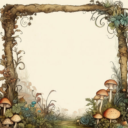 an illustration of a frame with mushrooms and plantsの素材