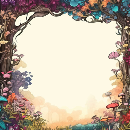 an illustration of a forest frame with mushrooms and plantsの素材