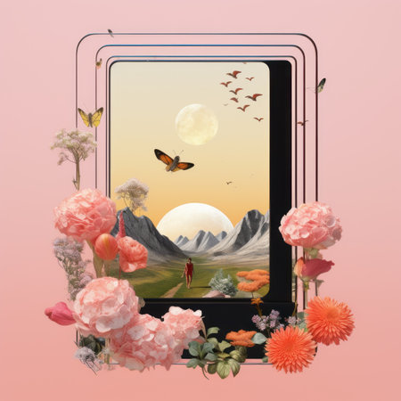 an illustration of a tablet with flowers and butterflies on a pink backgroundの素材
