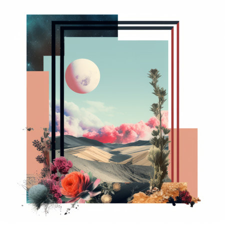 an image of a desert landscape with flowers and a full moonの素材