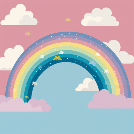 an illustration of a rainbow in the sky with cloudsの素材