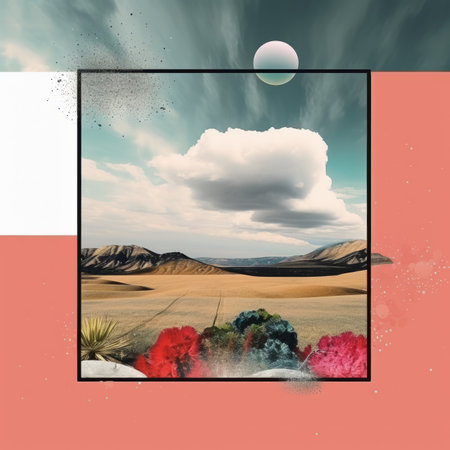 an image of a desert landscape with clouds and flowersの素材