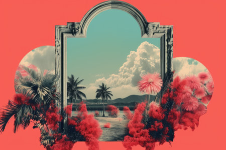 an image of a mirror with flowers and palm treesの素材