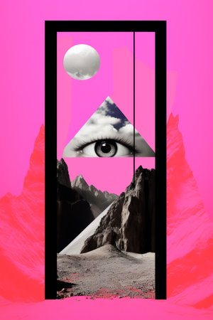 an image of an eye looking out of a door on a pink backgroundの素材