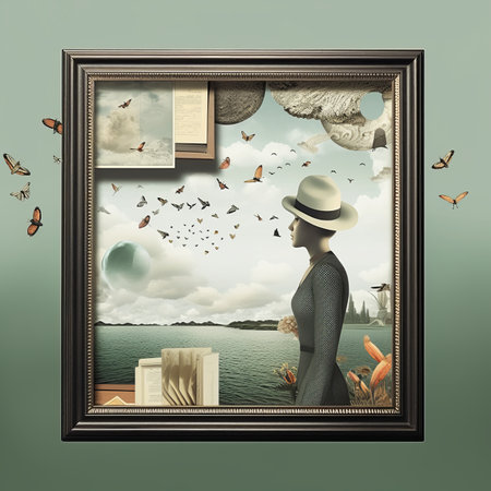 an image of a woman in a hat looking at butterfliesの素材