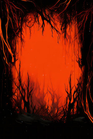 an orange and black background with trees and fireの素材
