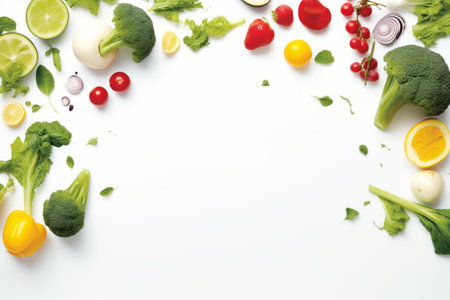 fresh fruits and vegetables arranged in a circle on a white backgroundの素材