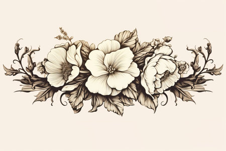 floral design with flowers and leaves on a beige backgroundの素材