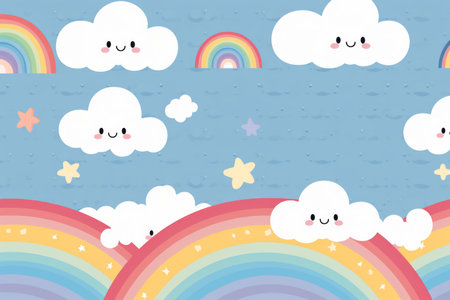 kawaii rainbows and clouds in a blue skyの素材