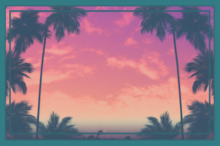 palm trees in a purple and pink skyの素材