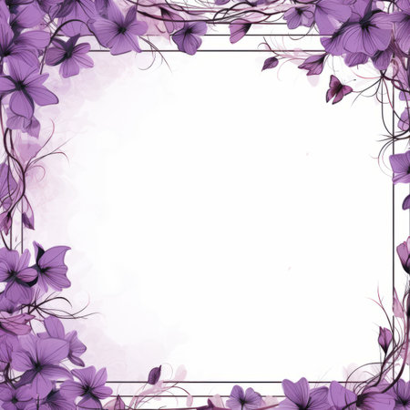 purple flowers on a white background with a square frameの素材