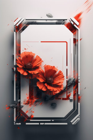 red flowers in a square frame on a gray backgroundの素材